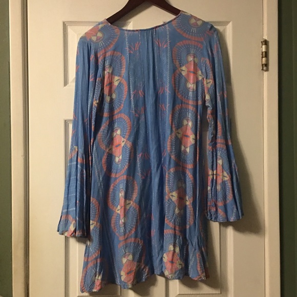 Cleobella Boho Blue Abstract Bell Sleeve Dress - Picture 7 of 13